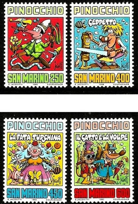 z vendido San Marino 1990 Scott 1246/9 Sellos ** Walt Disney Pinocchio Pinocho